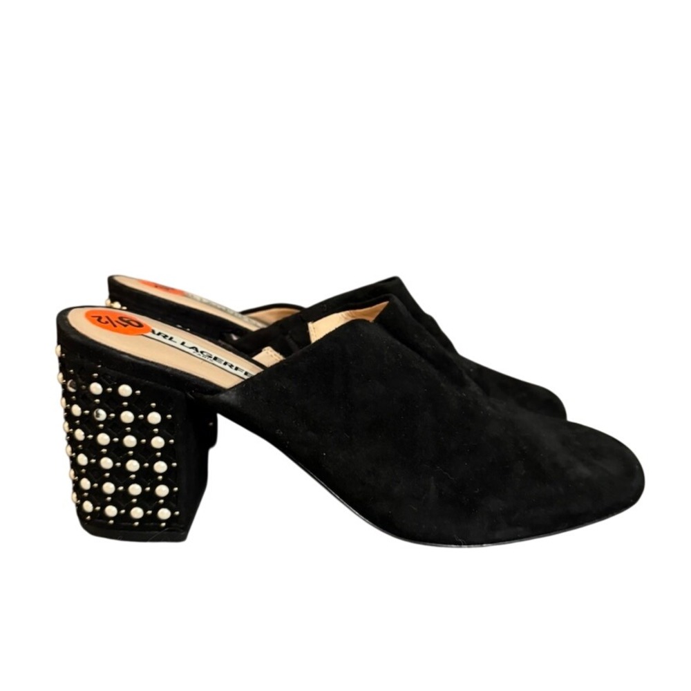Karl Lagerfeld Paris Serin Black Suede Pearl Embellished Block Heel Mules 9.5M